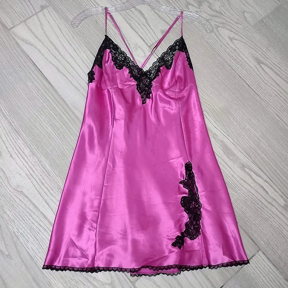 Frederick's of Hollywood Pink Satin Black Lace Slip Dress Nighty Large